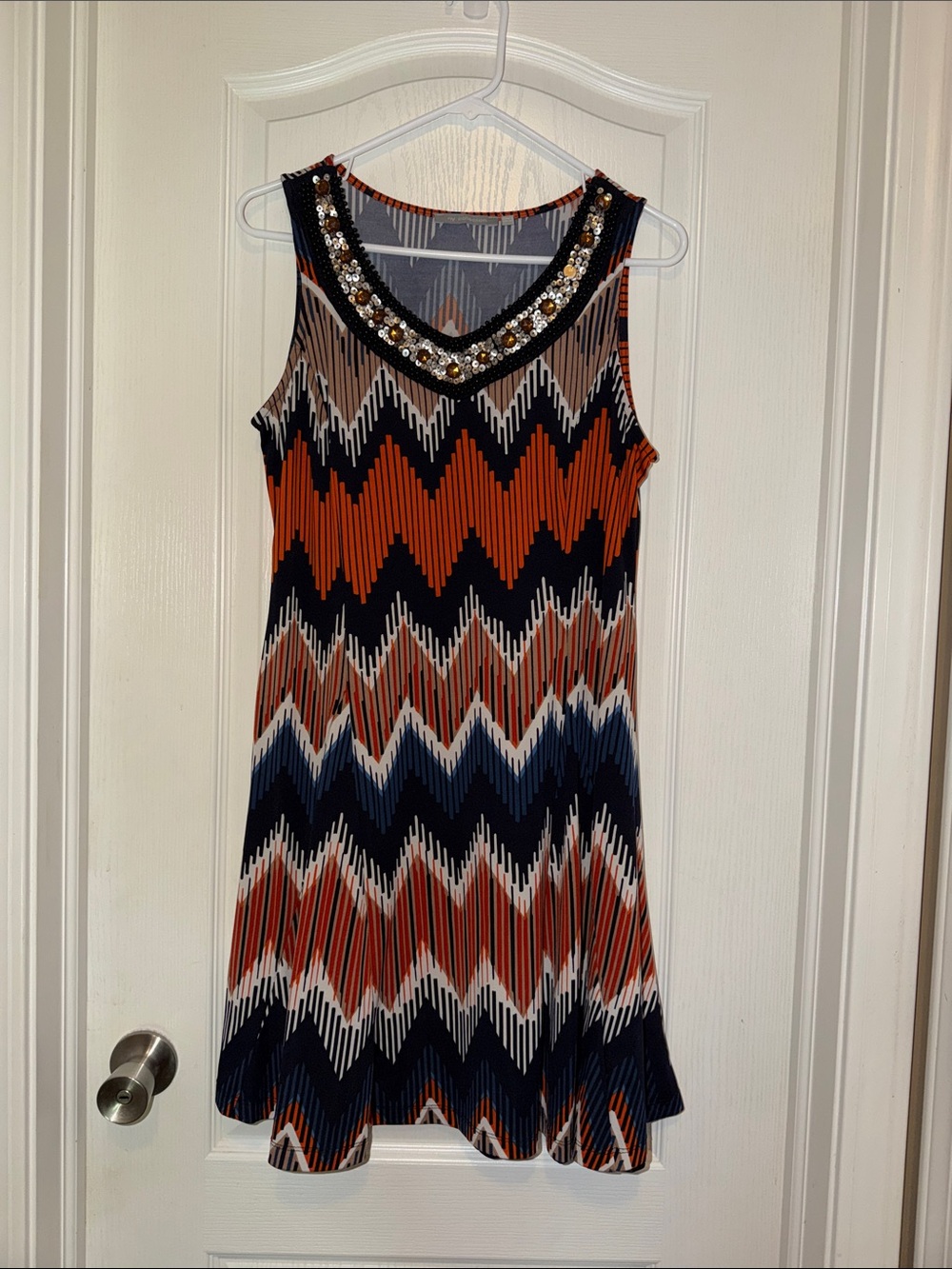Embellished Chevron Tank Dress - Navy & Orange
